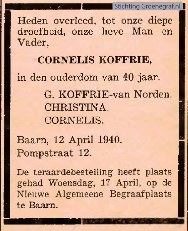 Overlijdensscan Cornelis  Koffrie