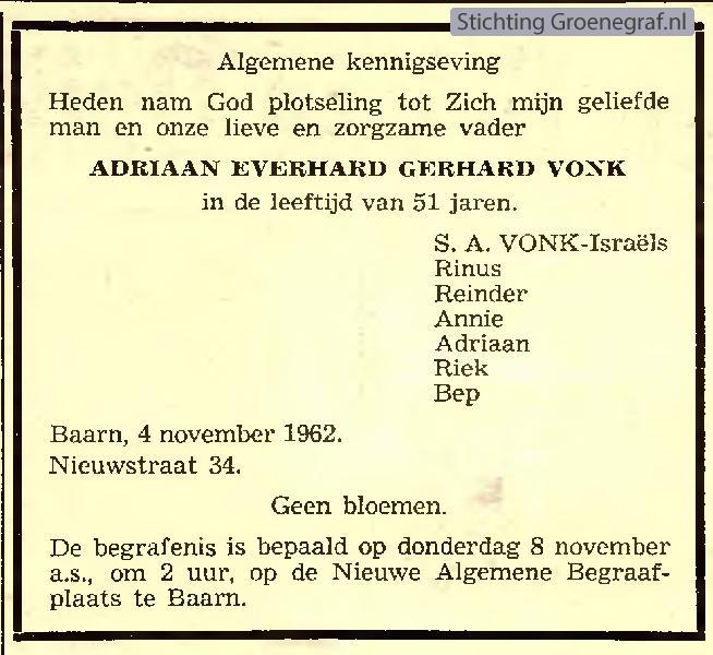 Overlijdensscan Adriaan Everhard Gerhard  Vonk