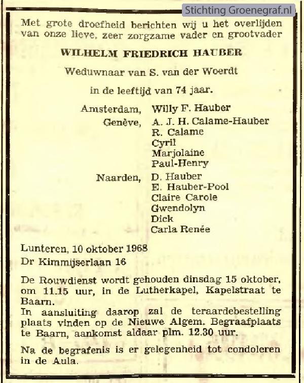Overlijdensscan Wilhelm Friedrich  Hauber