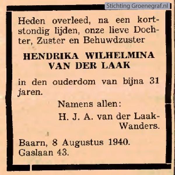 Overlijdensscan Hendrika Wilhelmina van der Laak