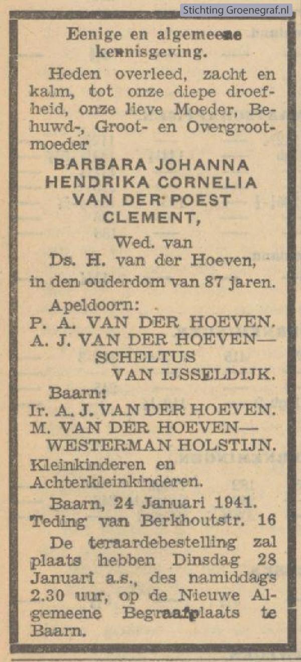 Overlijdensscan Barbara Johanna Henderika Cornelia van der Poest Clement