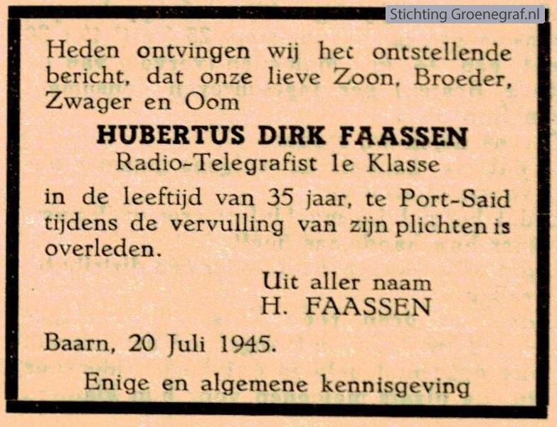 Overlijdensscan Hubertus Dirk  Faassen