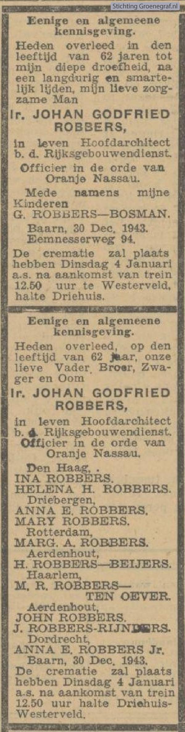 Overlijdensscan Johann Godfried  Robbers