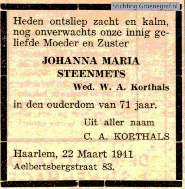 Overlijdensscan Johanna Maria  Steenmets