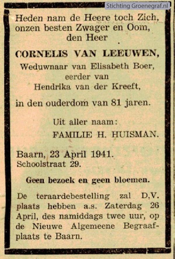 Overlijdensscan Cornelis van Leeuwen