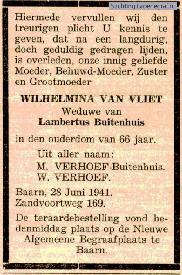 Overlijdensscan Wilhelmina van Vliet