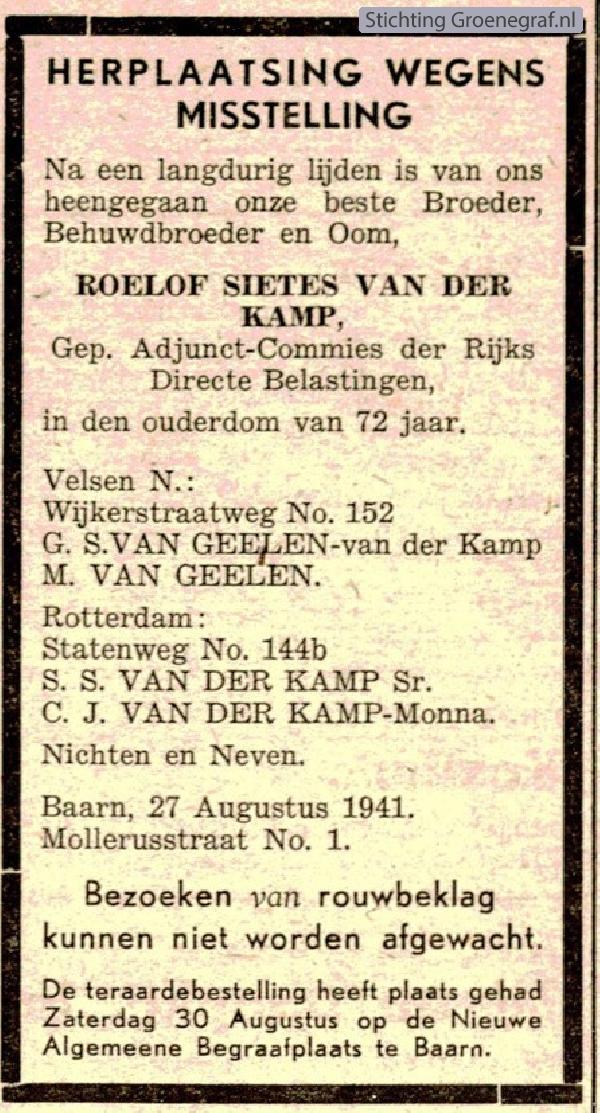 Overlijdensscan Roelof Sietes van der Kamp