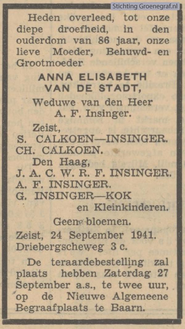 Overlijdensscan Anna Elisabeth van de Stadt