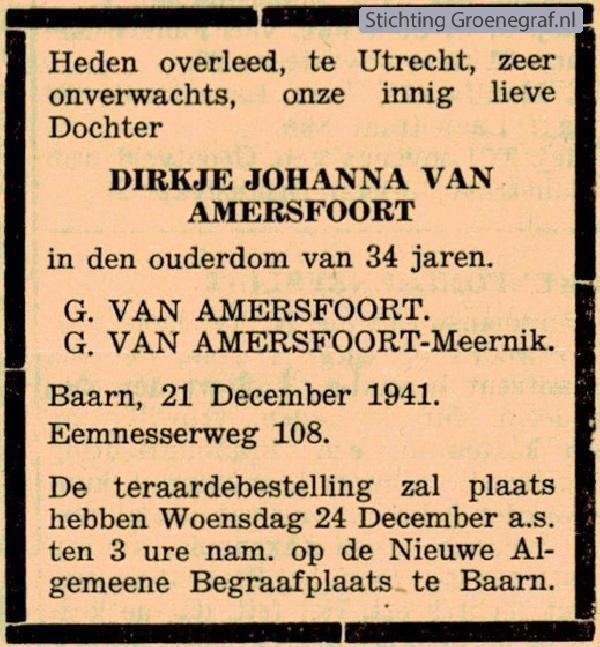 Overlijdensscan Dirkje Johanna van Amersfoort