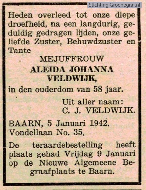 Overlijdensscan Aleida Johanna  Veldwijk