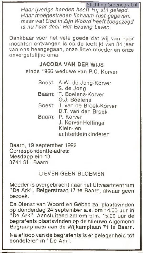 Overlijdensscan Jacoba van der Wijs
