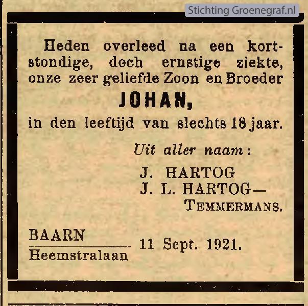 Overlijdensscan Johan  Hartog