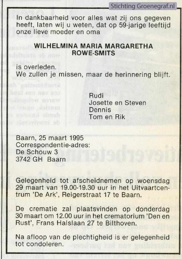 Overlijdensscan Wilhelmina Maria Margaretha  Smits