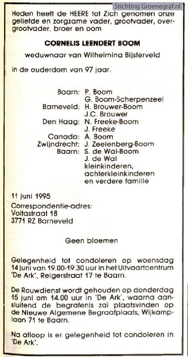 Overlijdensscan Cornelis Leendert  Boom