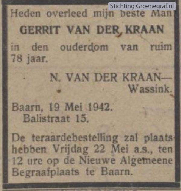 Overlijdensscan Gerrit van der Kraan