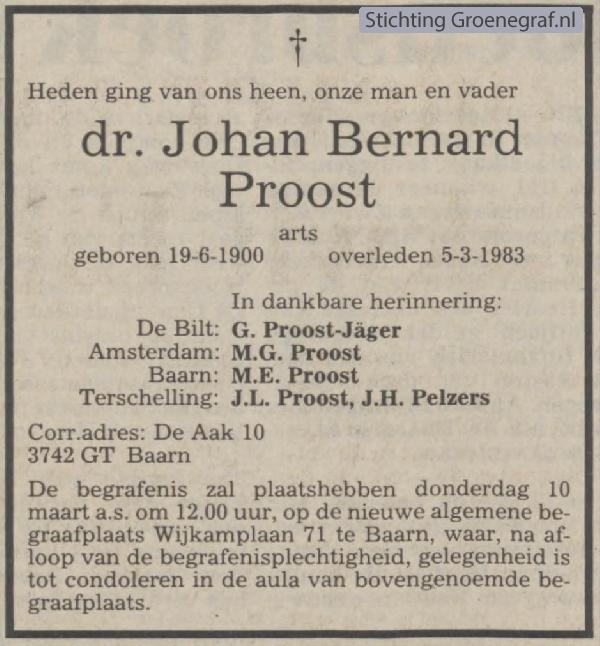 Overlijdensscan Johan Bernard  Proost