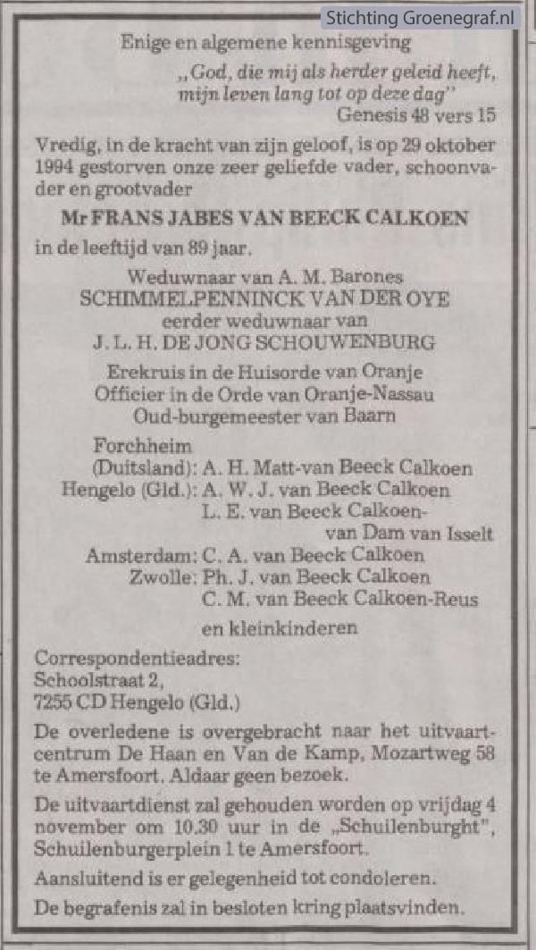 Overlijdensscan Frans Jabes van Beeck Calkoen