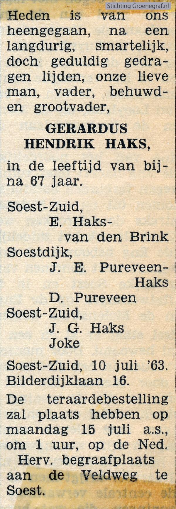 Overlijdensscan Gerardus Hendrik  Haks