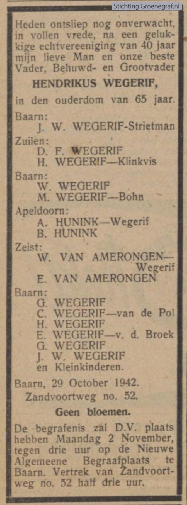 Overlijdensscan Hendrikus  Wegerif