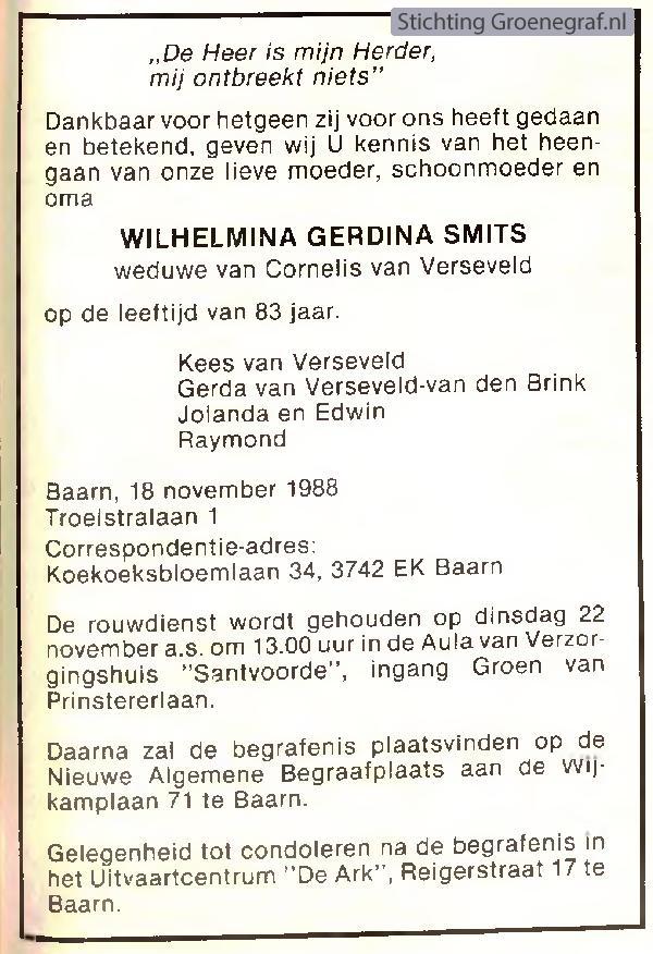 Overlijdensscan Wilhelmina Gerdina  Smits