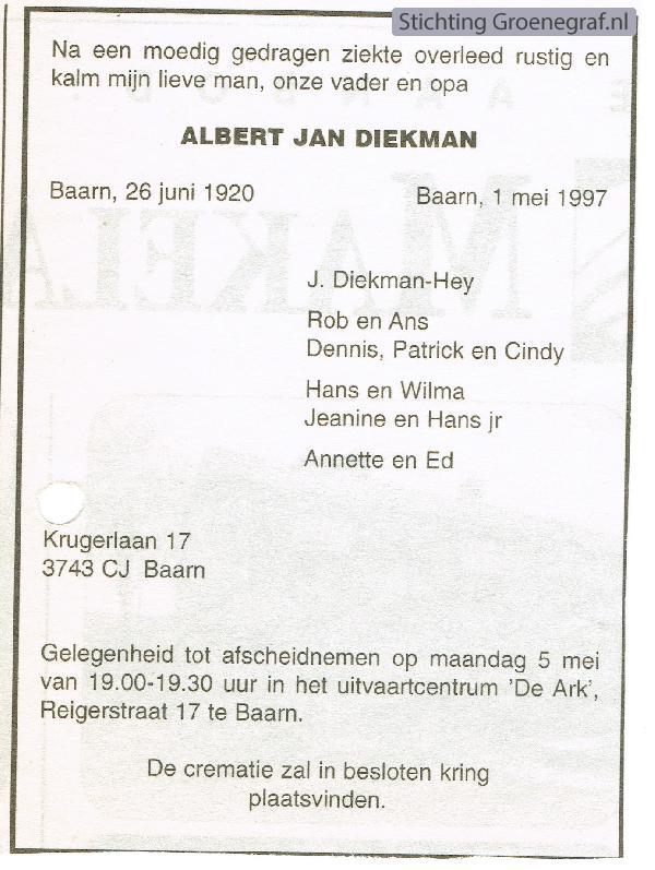 Overlijdensscan Albert Jan  Diekman