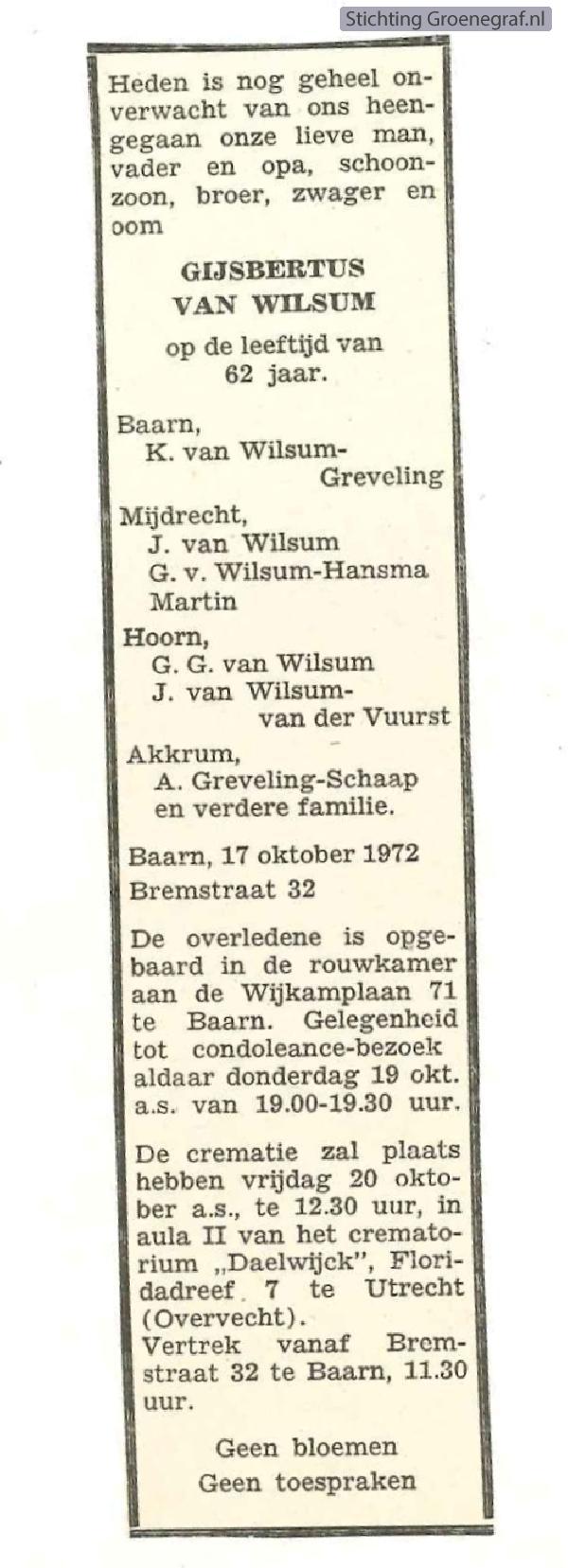 Overlijdensscan Gijsbertus van Wilsum