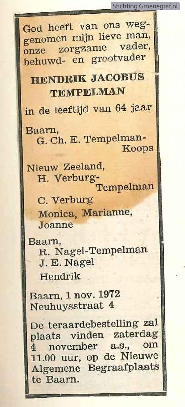 Overlijdensscan Hendrik Jacobus  Tempelman