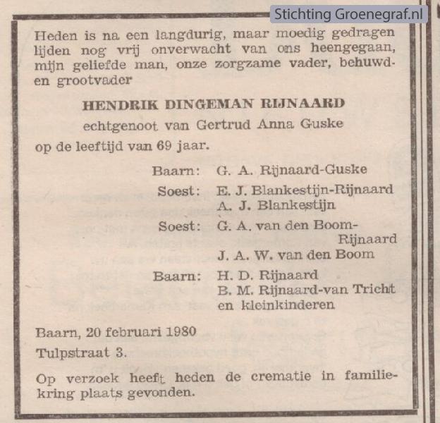 Overlijdensscan Hendrik Dingeman  Rijnaard