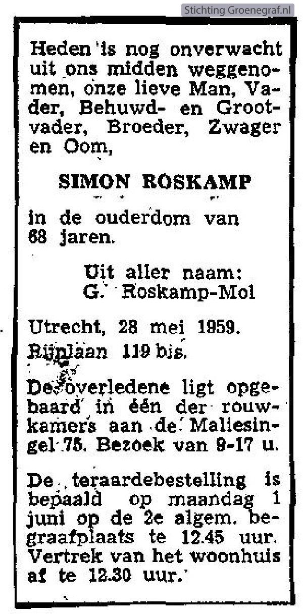 Overlijdensscan Simon  Roskamp