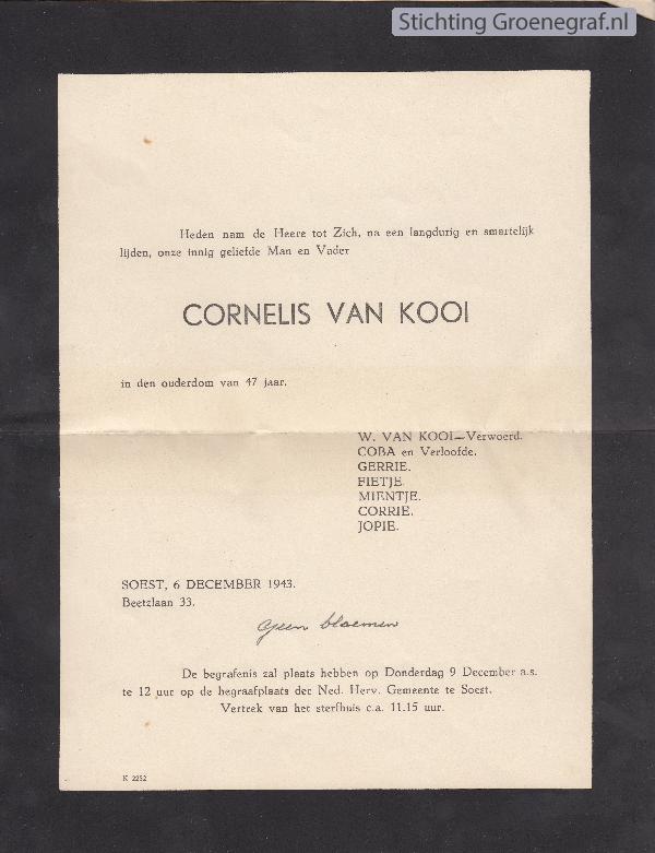 Overlijdensscan Cornelis van Kooi