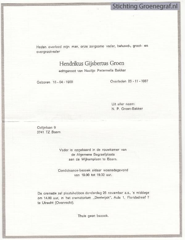 Overlijdensscan Hendricus Gijsbertus  Groen