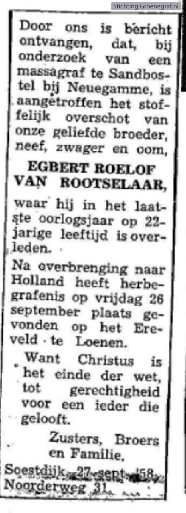 Overlijdensscan Egbert Roelof van Rootselaar