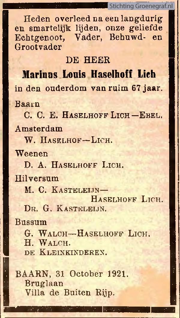 Overlijdensscan Marinus Louis  Haselhoff Lich