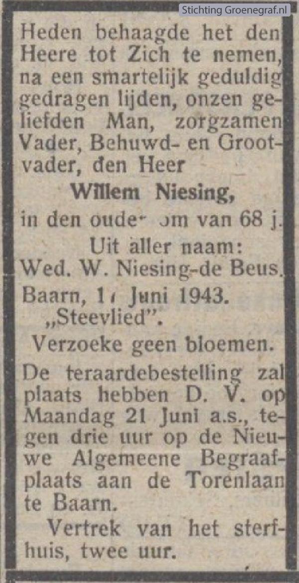 Overlijdensscan Willem  Niesing