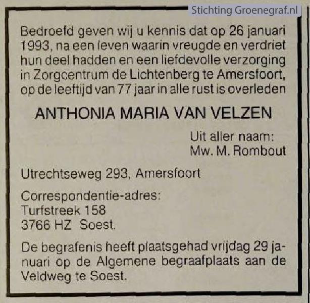 Overlijdensscan Anthonia Maria van Velzen