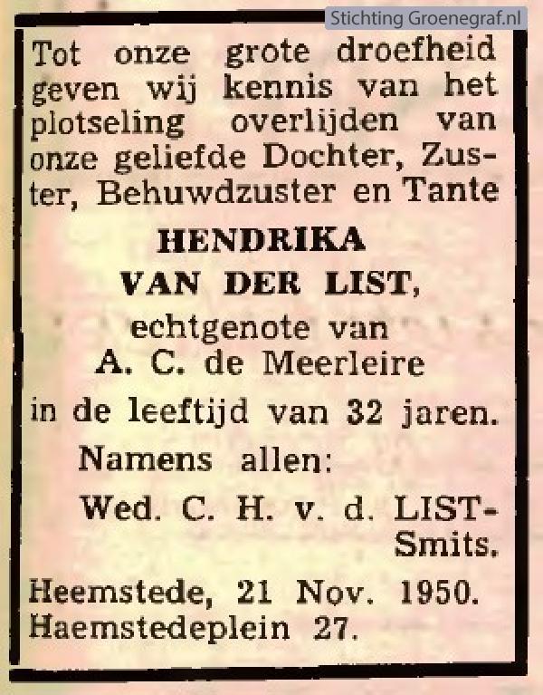Overlijdensscan Hendrika van der List