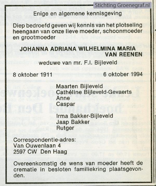 Overlijdensscan Johanna Adriana Wilhelmina Maria van Reenen