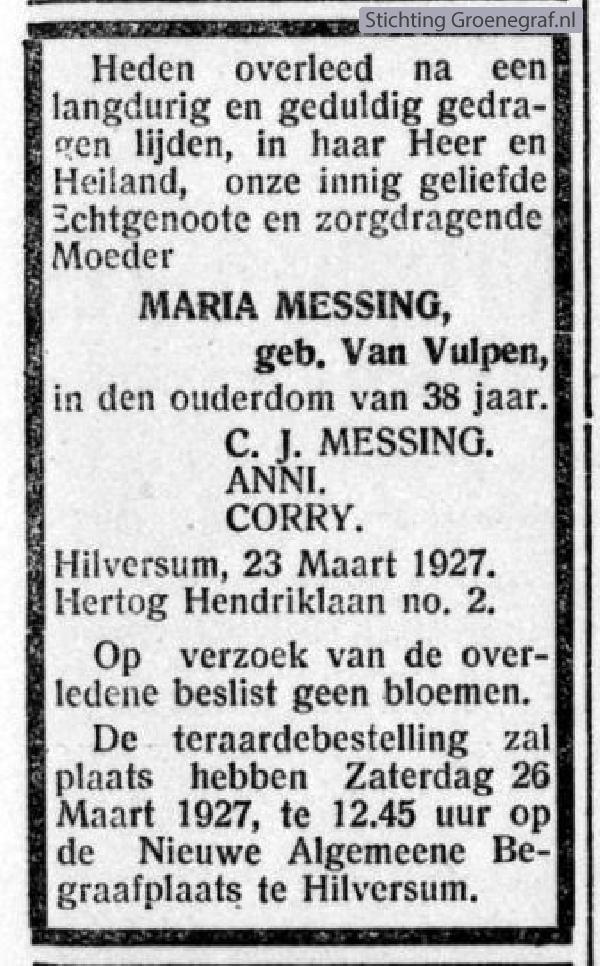 Overlijdensscan Maria van Vulpen