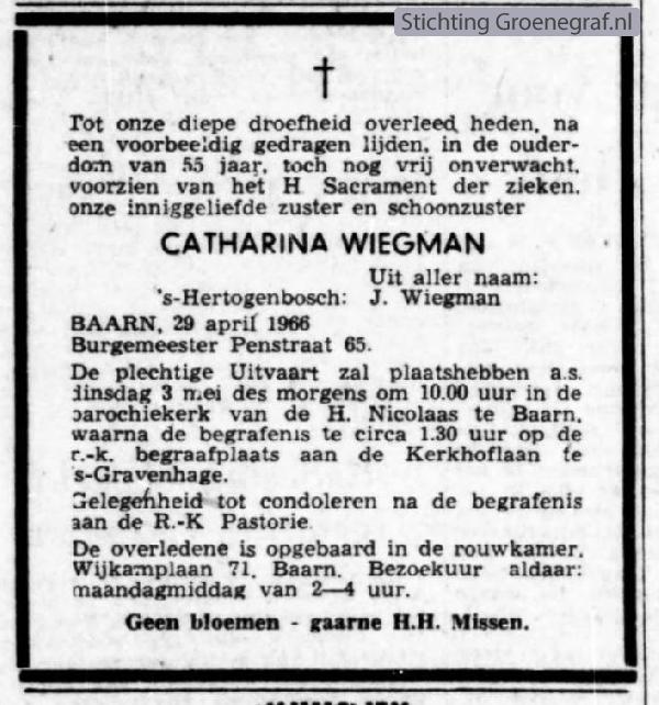 Overlijdensscan Catharina  Wiegman