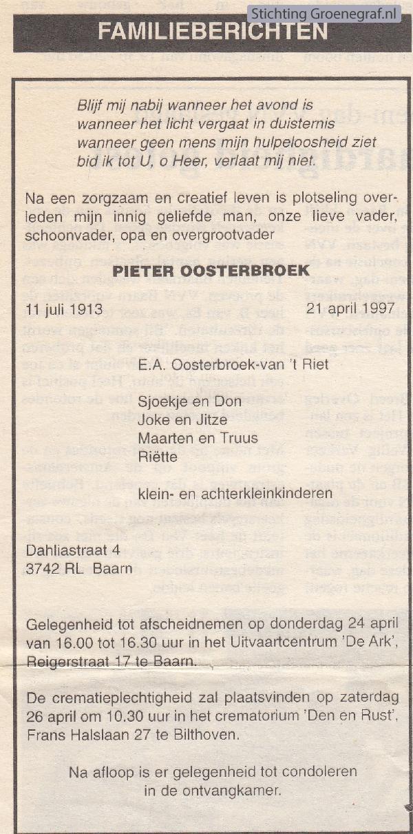 Overlijdensscan Pieter  Oosterbroek