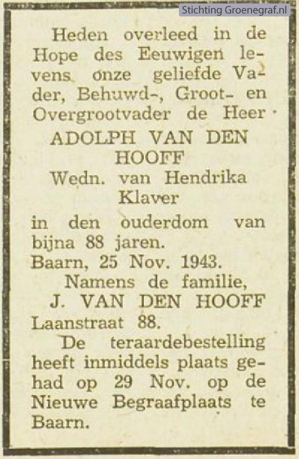 Overlijdensscan Adolph van den Hooff