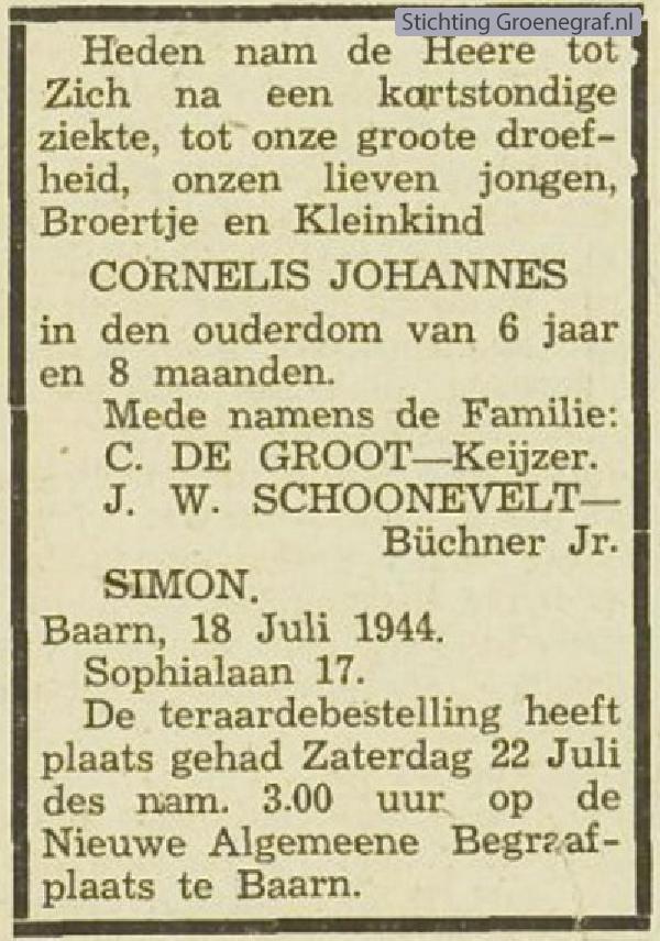 Overlijdensscan Cornelis Johannes de Groot