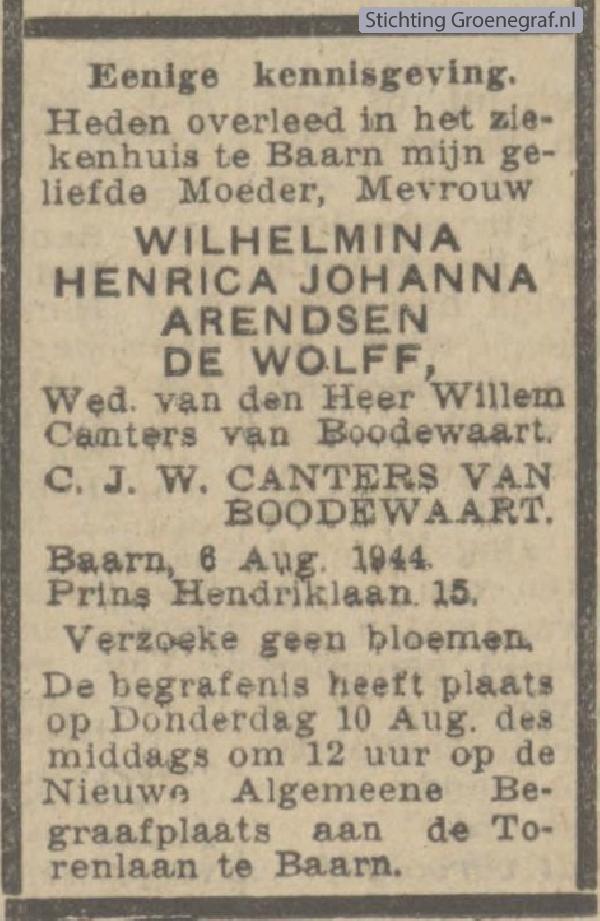 Overlijdensscan Wilhelmina Henrica Johanna  Arendsen de Wolff