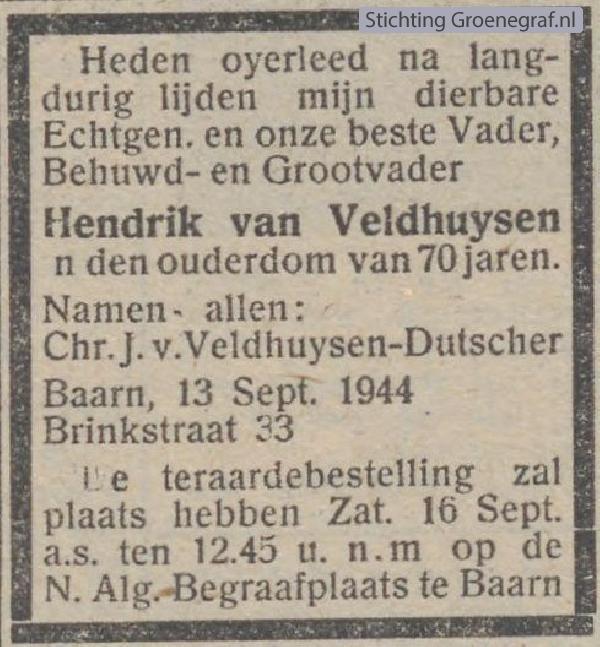 Overlijdensscan Hendrik van Veldhuijsen