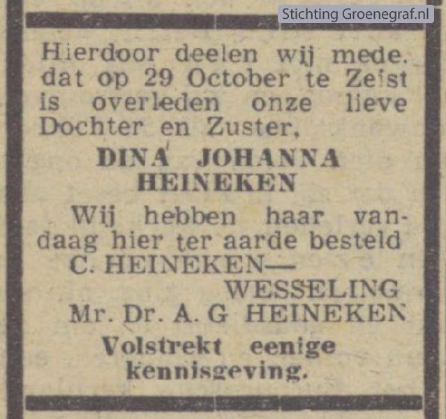 Overlijdensscan Dina Johanna  Heineken