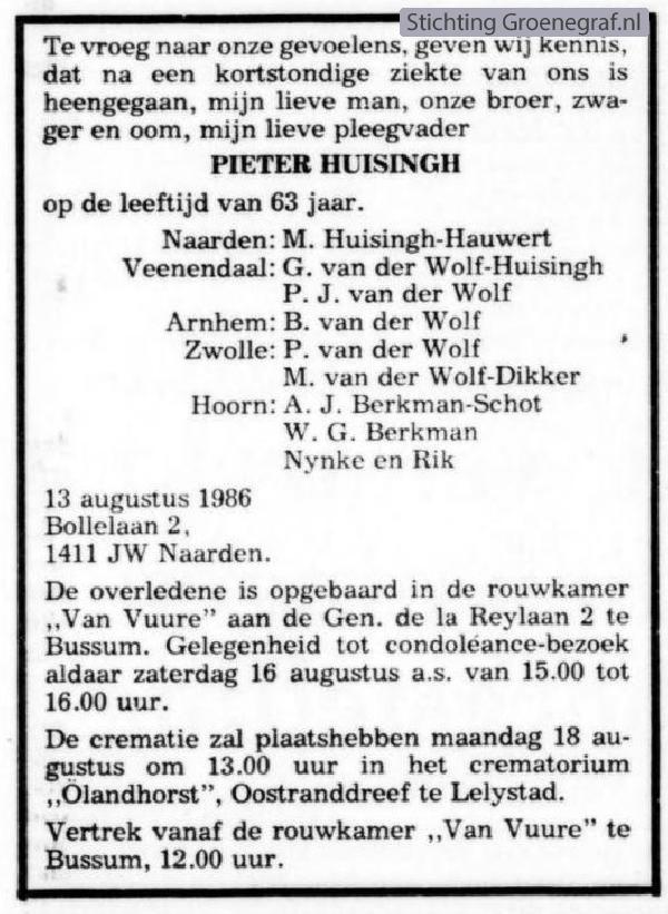 Overlijdensscan Pieter  Huisingh