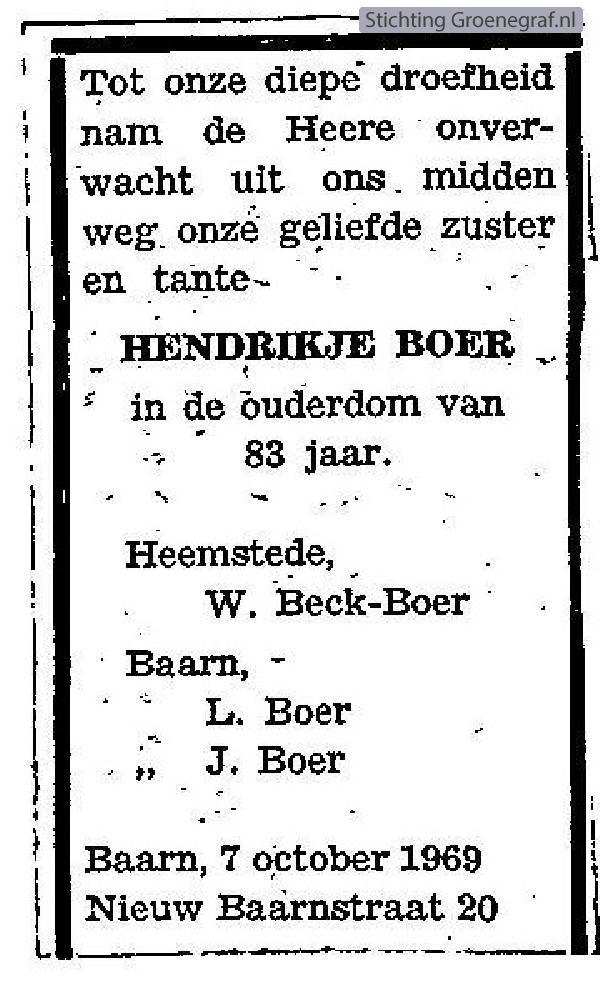 Overlijdensscan Hendrikje  Boer