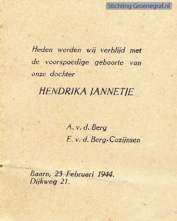 Overlijdensscan Hendrika Jannetje van den Berg