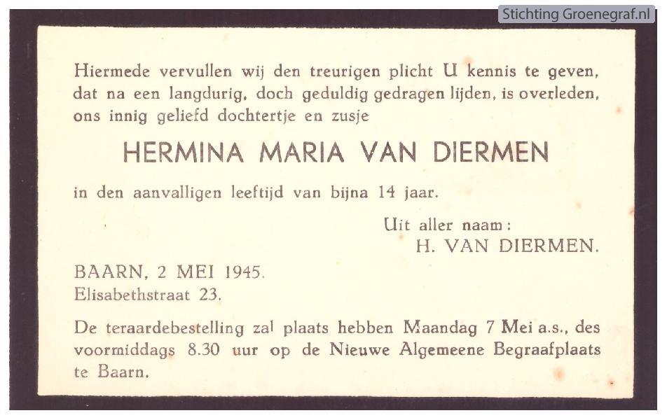 Overlijdensscan Hermina Maria van Diermen