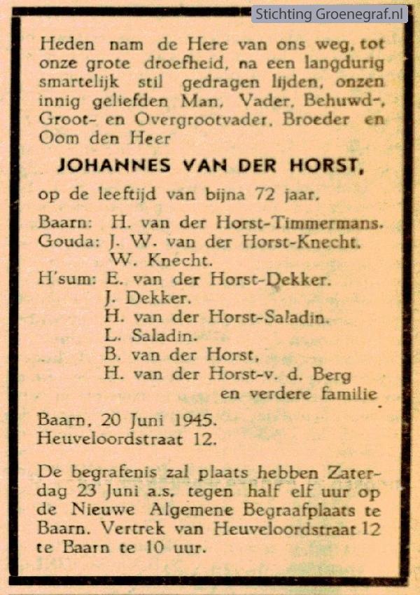 Overlijdensscan Johannes van der Horst